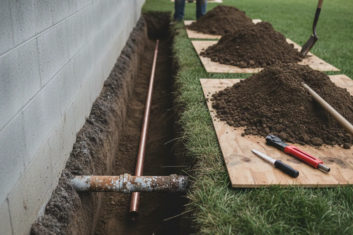 Excavated water line trench during Water Heater Repair in Lacona
